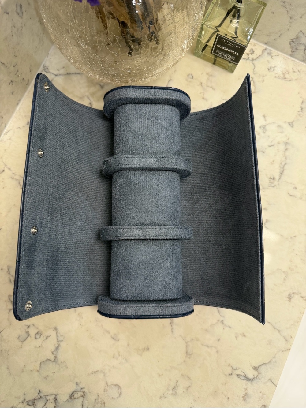 Navy Blue Croc Embossed 3 Watch Travel Case Roll Removable Cushions Storage